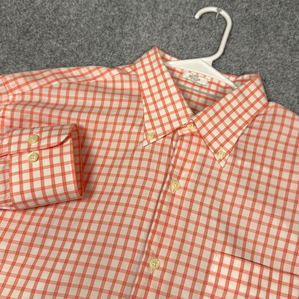 Peter Millar Button Down Shirt Men Large Orange White Gingham Cotton Long Sleeve
